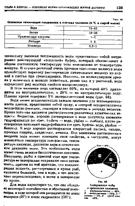 Вода имеет исключительно важное значение для жизнедеятельности клеток, представляя собой среду, в которой осуществляются важнейшие реакции, лежащие в основе синтеза и распада веществ. Кроме того она является растворителем различных химических веществ. Вещества, хорошо растворимые в воде получили название гидрофильных (от греч. hydros — вода, phileo — люблю), плохо растворимые называют гидрофобными (от греч. hydros- вода, phobos — боязнь). В воде хорошо растворяются хлористый натрий, сахара, простые спирты, альдегиды, кетоны. Под влиянием растворенных веществ вода может изменять свои свойства, в частности, могут изменяться температура замерзания, температура кипения, давление пара и осмотическое давление воды. Эта особенность воды имеет очень важное биологическое значение.