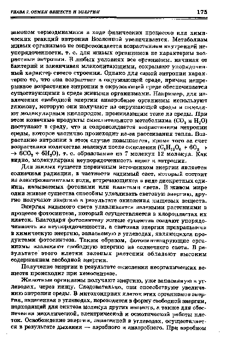 Энергия видимого света улавливается зелеными растениями в процессе фотосинтеза, который осуществляется в хлоропластах их клеток. Благодаря фотосинтезу живые существа создают упорядоченность из неупорядоченности, а световая энергия превращается в химическую энергию, запасаемую в углеводах, являющихся продуктами фотосинтеза. Таким образом, фотосинтезирующие организмы извлекают свободную энергию из солнечного света. В результате этого клетки зеленых растении обладают высоким содержанием свободной энергии.