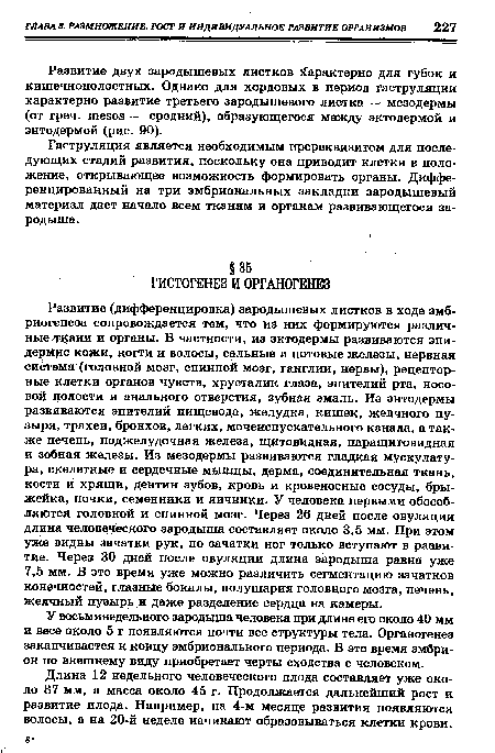 Развитие (дифференцировка) зародышевых листков в ходе эмбриогенеза сопровождается тем, что из них формируются различные ткани и органы. В частности, из эктодермы развиваются эпидермис кожи, ногти и волосы, сальные и потовые железы, нервная система (головной мозг, спинной мозг, ганглии, нервы), рецепторные клетки органов чувств, хрусталик глаза, эпителий рта, носовой полости и анального отверстия, зубная эмаль. Из энтодермы развиваются эпителий пищевода, желудка, кишек, желчного пузыря, трахеи, бронхов, легких, мочеиспускательного канала, а также печень, поджелудочная железа, щитовидная, паращитовидная и зобная железы. Из мезодермы развиваются гладкая мускулатура, скелетные и сердечные мышцы, дерма, соединительная ткань, кости й хрящи, дентин зубов, кровь и кровеносные сосуды, брыжейка, почки, семенники и яичники. У человека первыми обособляются головной и спинной мозг. Через 26 дней после овуляции длина человеческого зародыша составляет около 3,5 мм. При этом уже видны зачатки рук, но зачатки ног только вступают в развитие. Через 30 дней после овуляции длина зародыша равна уже 7,5 мм. В это время уже можно различить сегментацию зачатков конечностей, глазные бокалы, полушария головного мозга, печень, желчный пузырь и даже разделение сердца на камеры.