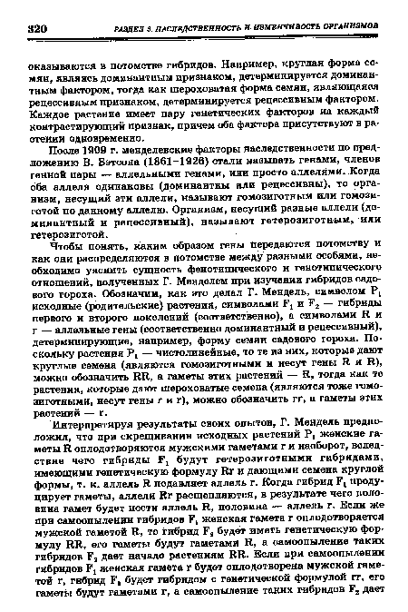 После 1909 г. менделевские факторы наследственности по предложению В. Бэтсона (1861-1926) стали называть генами, членов генной пары — аллельными генами, или просто аллелями. Когда оба аллеля одинаковы (доминантны или рецессивны), то организм, несущий эти аллели, называют гомозиготным или гомозиготой по данному аллелю. Организм, несущий разные аллели (доминантный и рецессивный), называют гетерозиготным, или гетерозиготой.