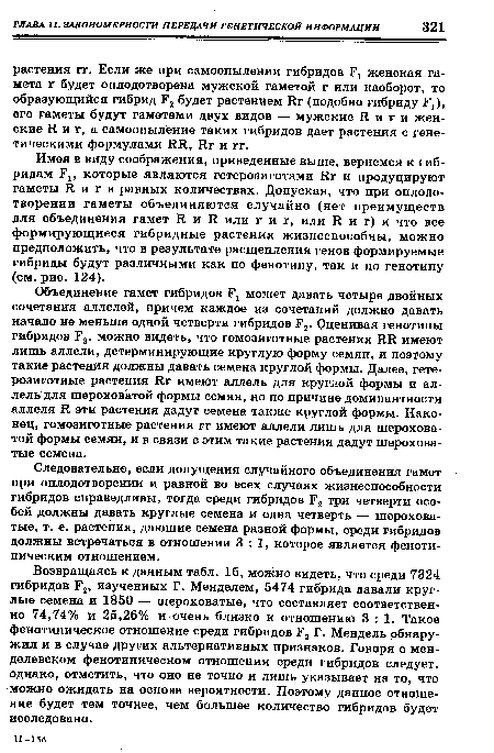 Имея в виду соображения, приведенные выше, вернемся к гибридам Р1, которые являются гетерозиготами Иг и продуцируют гаметы К и г в равных количествах. Допуская, что при оплодотворении гаметы объединяются случайно (нет преимуществ для объединения гамет К и Я или гиг, или И и г) и что все формирующиеся гибридные растения жизнеспособны, можно предположить, что в результате расщепления генов формируемые гибриды будут различными как по фенотипу, так и по генотипу (см. рис. 124).