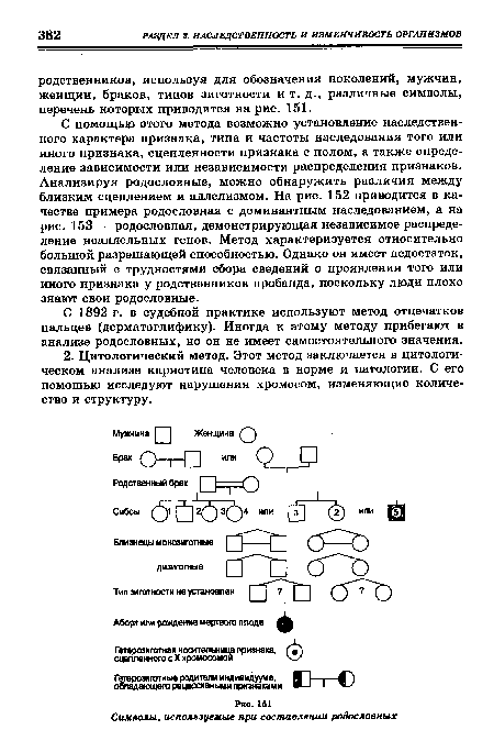 С 1892 г. в судебной практике используют метод отпечатков пальцев (дерматоглифику). Иногда к этому методу прибегают в анализе родословных, но он не имеет самостоятельного значения.