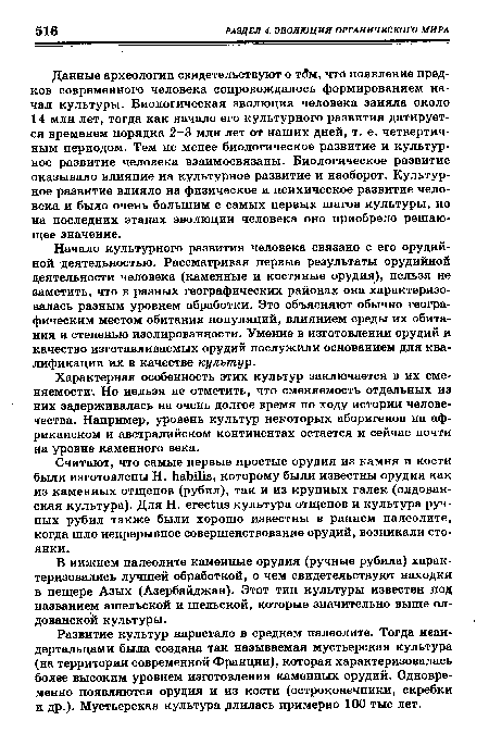 Развитие культур нарастало в среднем палеолите. Тогда неандертальцами была создана так называемая мустьерская культура (на территории современной Франции), которая характеризовалась более высоким уровнем изготовления каменных орудий. Одновременно появляются орудия и из кости (остроконечники, скребки и др.). Мустьерская культура длилась примерно 100 тыс лет.