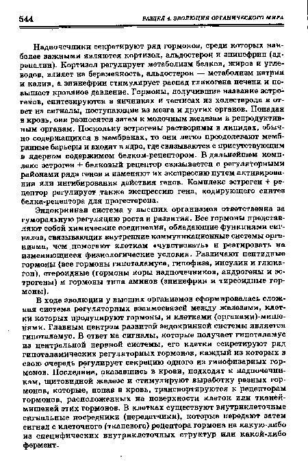 Эндокринная система у высших организмов ответственна за гуморальную регуляцию роста и развития. Все гормоны представляют собой химические соединения, обладающие функциями сигналов, связывающих внутренние коммуникационные системы организма, чем помогают клеткам «чувствовать и реагировать на изменяющиеся физиологические условия. Различают пептидные гормоны (все гормоны гипоталамуса, гипофиза, инсулин и глюка-гон), стероидные (гормоны коры надпочечников, андрогены и эстрогены) и гормоны типа аминов (эпинефрин и тиреоидные гормоны).