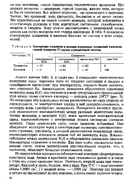 Анализ данных табл. 6, а также рис. 8 показывает «нелогичность» поведения воды: переходы воды из твердого состояния в жидкое и газообразное происходят при температурах, намного более высоких, чем следовало бы. Аномальность поведения обусловлена строением молекулы воды Н20; она построена в виде тупоугольного треугольника: угол между двумя связями кислород —водород равен 104°27 (рис. 9). Но поскольку оба водородных атома расположены по одну сторону от кислородного, то электрические заряды в ней рассредоточиваются, и молекула воды приобретает полярность. Полярность является причиной химического взаимодействия между разными молекулами воды. Атомы водорода в молекуле Н20, имея частичный положительный заряд, взаимодействуют с электронами атомов кислорода соседних молекул. Такая химическая связь носит название водородной. Она объединяет молекулы воды в своеобразные полимеры пространственного строения; плоскость, в которой расположены водородные связи, перпендикулярна плоскости атомов той же молекулы воды. Взаимодействием между молекулами Н20 и объясняются аномально высокие температуры плавления и кипения. Для того чтобы «расшатать» водородные связи, нужна значительная дополнительная энергия, что, в частности, объясняет большую теплоемкость воды.