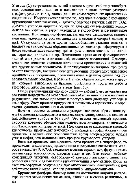 После завершения жизненного цикла — гибели (смерти) организма его ткани подвергаются биологическому разложению под воздействием редуцентов, что также приводит к поступлению диоксйда углерода в атмосферу. Этот процесс приурочен к почвенным горизонтам и определяет сущность почвенного дыхания.