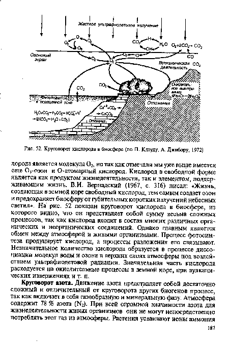 Круговорот кислорода в биосфере (по П. Клауду, А. Джибору, 1972)