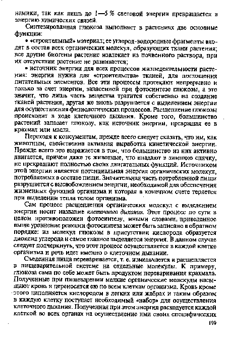 Переходя к консументам, прежде всего следует сказать, что им, как животным, свойственна активная выработка кинетической энергии. Прежде всего это выражается в том, что большинство из них активно двигается, причем даже те животные, что впадают в зимнюю спячку, не прекращают полностью своих двигательных функций. Источником этой энергии является потенциальная энергия органических молекул, потребляемых в составе пищи. Значительная часть потребленной пищи разрушается с высвобождением энергии, необходимой для обеспечения жизненных функций организма и которая в конечном счете теряется при выделении тепла телом организма.