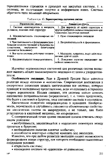 Особенности эволюции. Еще в Древней Греции было известно различие между «хаосом» и «космосом». Современные достижения в синергетике позволяют назвать хаотическими все системы, которые приводят к несводимому представлению, если их оценивать в терминах теории вероятности. Иными словами, эти системы нельзя описать однозначно детерминистично (определенно), т. е. точно предсказать, что будет с системой в будущем, зная состояние системы в настоящем.