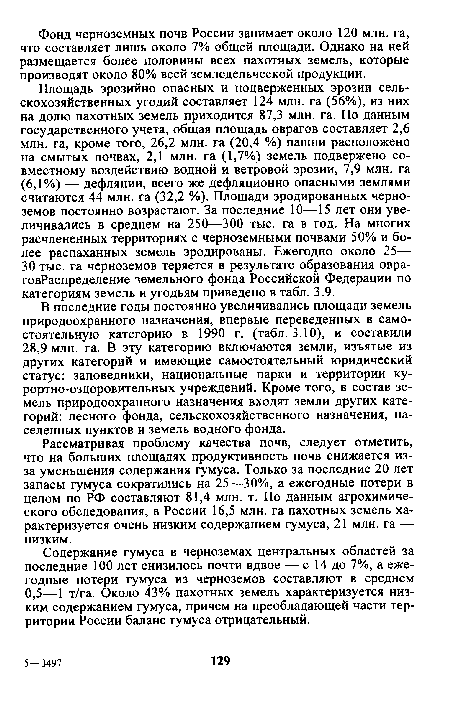 Содержание гумуса в черноземах центральных областей за последние 100 лет снизилось почти вдвое — с 14 до 7%, а ежегодные потери гумуса из черноземов составляют в среднем 0,5—1 т/га. Около 43% пахотных земель характеризуется низким содержанием гумуса, причем на преобладающей части территории России баланс гумуса отрицательный.