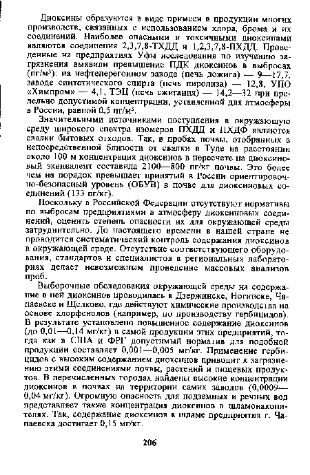 Поскольку в Российской Федерации отсутствуют нормативы по выбросам предприятиями в атмосферу диоксиновых соединений, оценить степень опасности их для окружающей среды затруднительно. До настоящего времени в нашей стране не проводится систематический контроль содержания диоксинов в окружающей среде. Отсутствие соответствующего оборудования, стандартов и специалистов в региональных лабораториях делает невозможным проведение массовых анализов проб.