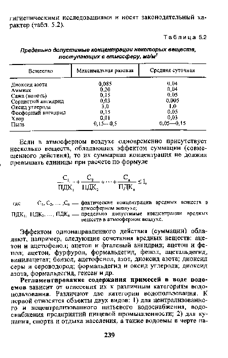 Эффектом однонаправленного действия (суммации) обладают, например, следующие сочетания вредных веществ: ацетон и ацетофенол; ацетон и фталевый ангидрид; ацетон и фенол; ацетон, фурфурол, формальдегид, фенол, ацетальдегид, винилацетат; бензол, ацетофенол, азот, диоксид азота; диоксид серы и сероводород; формальдегид и оксид углерода; диоксид азота, формальдегид, гексан и др.