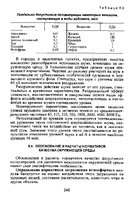 Обоснование и расчеты нормативов качества допустимых концентраций для различных компонентов окружающей среды имеют свои специфические особенности.