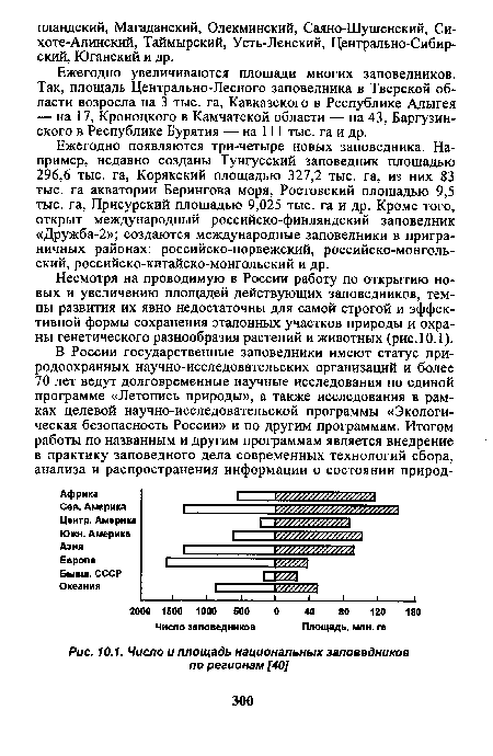 Ежегодно появляются три-четыре новых заповедника. Например, недавно созданы Тунгусский заповедник площадью 296,6 тыс. га, Корякский площадью 327,2 тыс. га, из них 83 тыс. га акватории Берингова моря, Ростовский площадью 9,5 тыс. га, Присурский площадью 9,025 тыс. га и др. Кроме того, открыт международный российско-финляндский заповедник «Дружба-2»; создаются международные заповедники в приграничных районах: российско-норвежский, российско-монгольский, российско-китайско-монгольский и др.