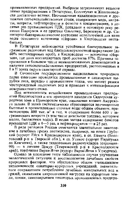 Под интенсивным воздействием промышленных предприятий Владивостока и его пригородов находится Садгорская курортная зона в Приморском крае, омываемая водами Амурского залива. В залив систематически сбрасываются неочищенные бытовые и промышленные сточные воды общим объемом, превышающим 800 тыс. м3 в год, и содержащие более 600 т загрязняющих веществ (в том числе дизельное топливо, моторное масло, балластные воды). В водах залива содержание фенолов превышает ПДК в 4—5 раз, а нефтепродуктов — в 25 раз.