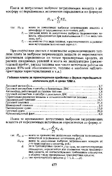 При отсутствии данных о количестве израсходованного топлива плата за выбросы загрязняющих веществ от передвижных источников определяется по типам транспортных средств, из расчета ожидаемых условий и места их эксплуатации (среднегодовой пробег, расход топлива или число моточасов работы на уровне 85%-ной обеспеченности, топливо с наиболее неблагоприятными характеристиками и т.д.).