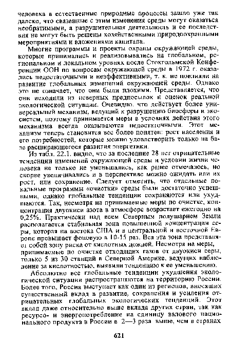 Из табл. 22.1. видно, что за последние 28 лет отрицательные тенденции изменений окружающей среды и условии жизни человека не только не уменьшались, как ранее отмечалось, но скорее увеличивались и в перспективе можно ожидать или их рост, или сохранение. Следует отметить, что отдельные локальные программы «очистки» среды были достаточно успешными, однако глобальные тенденции сохраняются или ухудшаются. Так, несмотря на принимаемые меры по очистке, концентрация двуокиси азота в атмосфере возрастает ежегодно на 0,25%. Практически над всем Северным полушарием Земли располагается стабильная зона повышенной концентрации серы, которая на востока США и в центральной и восточной Европе превышает фоновую в 10-15 раз. Вся эта зона представляет собой зону риска от кислотных дождей. Несмотря на меры, принимаемые по очистке отходящих газов от двуокиси серы, только 5 из 30 станций в Северной Америке, ведущих наблюдение за кислотностью, выявили тенденцию к ее уменьшению.