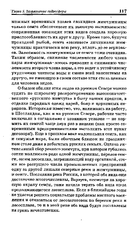 О былом обилии этих видов на русском Севере можно судить по широкому распространению высококачественного «русского жемчуга» в быту наших предков, в отделке парадных одежд царей, бояр и церковных иерархов. Историкам известно, что, нанимаясь на работу, в Шотландии, как и на русском Севере, рабочие часто включали в соглашение с хозяином условие — не кормить их семгой чаще двух раз в неделю (как просто современным предпринимателям выполнить этот пункт договора!). Еще в прошлом веке малосольная семга, как и семужья икра, были обычным блюдом на праздничном столе даже в небогатых русских семьях. Однако интенсивный сбор речного жемчуга, при котором губились сотни моллюсков ради одной жемчужины, перелов семги, затем лесосплав, загрязняющий воду органикой, стоки все растущего числа промышленных предприятий одну за другой лишали северные реки и жемчужницы, и семги. Последняя река России, в которой оба вида еще достаточно многочисленны, Варзута, несмотря на хорошую охрану семги, тоже начала терять оба вида из-за продолжающегося лесосплава. Если в ближайшие годы не удастся решить социальные проблемы местного населения и отказаться от лесозаготовок по берегам реки и лесосплава, то и в этой реке оба вида будут поставлены на грань исчезновения.