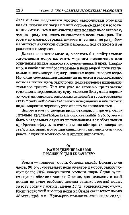 Этот крайне медленный процесс самоочистки морских вод от нефтяных загрязнений сопровождается настолько значительными нарушениями в водных экосистемах, что их продуктивность снижается в несколько раз. Поэтому во многих странах ведется интенсивная разработка методов активной очистки морских вод от нефти при различных авариях.