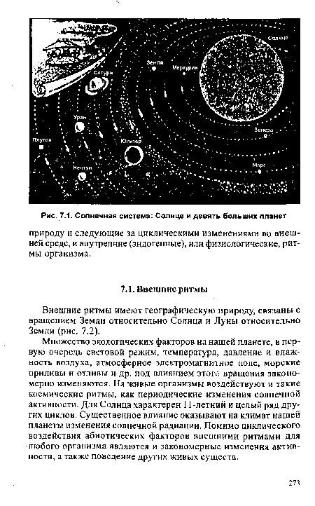 Множество экологических факторов на нашей планете, в первую очередь световой режим, температура, давление и влажность воздуха, атмосферное электромагнитное поле, морские приливы и отливы и др. под влиянием этого вращения закономерно изменяются. На живые организмы воздействуют и такие космические ритмы, как периодические изменения солнечной активности. Для Солнца характерен 11-летний и целый ряд других циклов. Существенное влияние оказывают на климат нашей планеты изменения солнечной радиации. Помимо циклического воздействия абиотических факторов внешними ритмами для любого организма являются и закономерные изменения активности, а также поведение других живых существ.