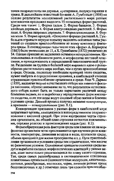 Конвергенция признаков у разных форм в наибольшей мере затрагивает органы, находящиеся в непосредственном соприкосновении с внешней средой. При этом внутренние черты строения организмов, их общий план строения остаются неизменными, отражая родство и происхождение видов (рис. 8.2).