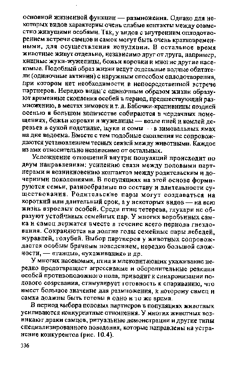 В период выбора половых партнеров в популяциях животных усиливаются конкурентные отношения. У многих животных возникают драки самцов, ритуальные демонстрации и другие типы специализированного поведения, которые направлены на устранение конкурентов (рис. 10.4).