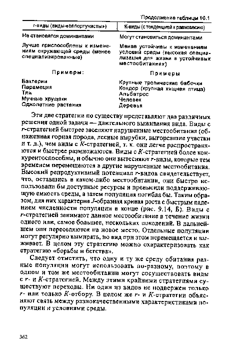 Эти две стратегии по существу представляют два различных решения одной задачи — длительного выживания вида. Виды с г-стратегией быстрее заселяют нарушенные местообитания (обнаженная горная порода, лесные вырубки, выгоревшие участки и т. д.), чем виды с /(-стратегией, т. к. они легче распространяются и быстрее размножаются. Виды с /(-стратегией более конкурентоспособны, и обычно они вытесняют г-виды, которые тем временем перемещаются в другие нарушенные местообитания. Высокий репродуктивный потенциал /--видов свидетельствует, что, оставшись в каком-либо местообитании, они быстро использовали бы доступные ресурсы и превысили поддерживающую емкость среды, а затем популяция погибла бы. Таким образом, для них характерна ./-образная кривая роста с быстрым падением численности популяции в конце (рис. 9.14, Б). Виды с г-стратегией занимают данное местообитание в течение жизни одного или, самое большее, нескольких поколений. В дальнейшем они переселяются на новое место. Отдельные популяции могут регулярно вымирать, но вид при этом перемещается и выживает. В целом эту стратегию можно охарактеризовать как стратегию «борьбы и бегства».