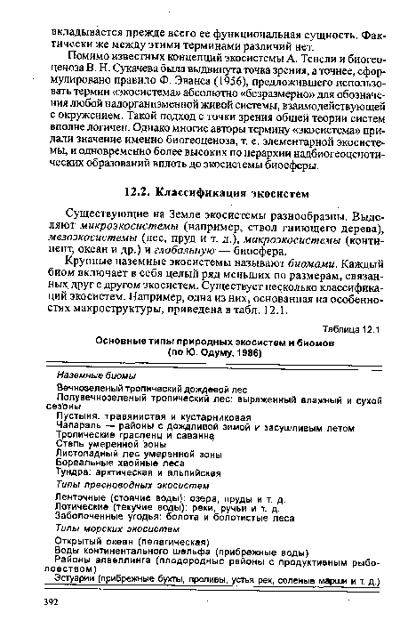 Помимо известных концепций экосистемы А. Тенсли и биогеоценоза В. Н. Сукачева была выдвинута точка зрения, а точнее, сформулировано правило Ф. Эванса (1956), предложившего использовать термин «экосистема» абсолютно «безразмерно» для обозначения любой надорганизменной живой системы, взаимодействующей с окружением. Такой подход с точки зрения общей теории систем вполне логичен. Однако многие авторы термину «экосистема» придали значение именно биогеоценоза, т. е. элементарной экосистемы, и одновременно более высоких по иерархии надбиогеоценоти-ческих образований вплоть до экосистемы биосферы.