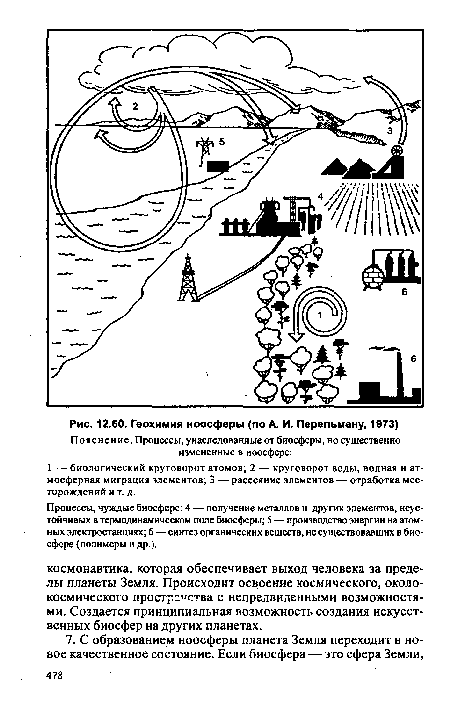 Процессы, чуждые биосфере: 4 — получение металлов и других элементов, неустойчивых в термодинамическом поле биосферы; 5 — производство энергии на атомных электростанциях; 6 — синтез органических веществ, не существовавших в биосфере (полимеры и др.).