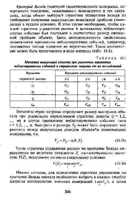 Элементы строк матрицы определяют размер выигрыша объекта при реализации определенной стратегии защиты (/ = 1,2, ..., т) в случае проявления неблагоприятного события типа / = 1,2, ..., п. Выигрыш в размере У может быть определен как разность между полученным доходом объектами понесенными издержками, т.е.