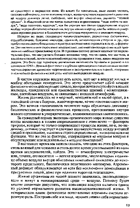 В чистом наружном воздухе есть нечто, чего нет в воздухе жилых и вообще обитаемых помещений. Это нечто представляет собой мощное физиологически действующее начало, которое почти отсутствует в наших жилищах, гражданских или производственных зданиях с малоподвижным, застойным воздухом, не связанным с внешней атмосферой.