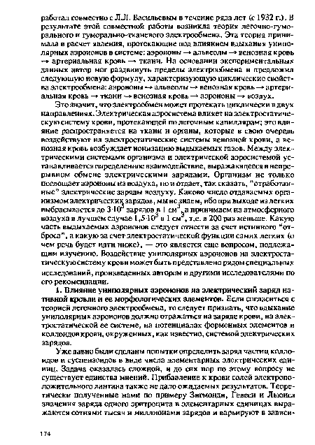 Это значит, что электрообмен может протекать циклически в двух направлениях. Электрическая аэросистема влияет на электростатическую систему крови, протекающей по легочным капиллярам; это влияние распространяется на ткани и органы, которые в свою очередь воздействуют на электростатические системы венозной крови, а венозная кровь возбуждает ионизацию выдыхаемых газов. Между электрическими системами организма и электрической аэросистемой устанавливается определенное взаимодействие, выражающееся в непрерывном обмене электрическими зарядами. Организм не только поглощает аэроионы из воздуха, но и отдает, так сказать, “отработанные” электрические заряды воздуху. Каково число отдаваемых организмом электрических зарядов, мы не знаем, ибо при выходе из легких выбрасывается до 3105 зарядов в 1 см3, а принимаем из атмосферного воздуха в лучшем случае 1,5103 в 1 см , т.е. в 200 раз меньше. Какую часть выдыхаемых аэроионов следует отнести за счет истинного “отброса”, а какую за счет электростатической функции самих легких (о чем речь будет идти ниже), — это является еще вопросом, подлежащим изучению. Воздействие униполярных аэроионов на электростатическую систему крови может быть представлено рядом специальных исследований, произведенных автором и другими исследователями по его рекомендации.