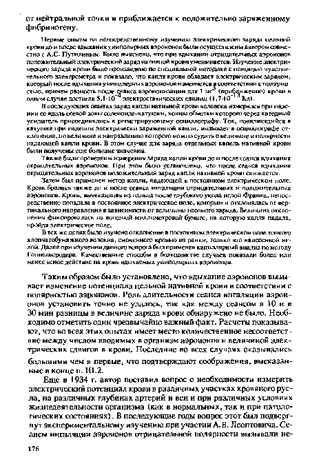 Первые опыты по непосредственному изучению электрического заряда цельной крови до и после вдыхания униполярных аэроионов были осуществлены автором совместно с A.C. Путилиным. Было выяснено, что при вдыхании отрицательных аэроионов положительный электрический заряд нативной крови уменьшается. Изучение электрического заряда крови было произведено по специальной методике с помощью чувствительного электрометра и показало, что капля крови обладает электрическим зарядом, который после вдыхания униполярных аэроионов изменяется в соответствии с полярностью, причем разность после шанса аэроионизации для 1 мг (приближенно) крови в одном случае достигла 5,1-10 электростатических единиц (1,7 10" Кл).