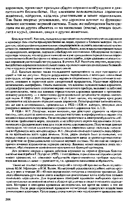 В 1936 г. И.Е. Ландсман, желая выяснить, как действуют аэроионы на нервную систему, проследил за изменениями, которые наступают в периферических нервах под влиянием вдыхания аэроионов. Он исследовал изменчивость электровозбудимости лобной ветви тройничного нерва, локтевого и малоберцового нервов под влиянием гальванического и фарадического тока до и после сеанса аэроионизации. Полученные данные показывают, что после вдыхания отрицательных аэроионов всегда наступало повышение возбудимости всех четырех нервов. И.Е. Ландсман отмечает стойкость этого эффекта на протяжении всего курса лечения. Итак, рядом авторов было установлено, что отрицательные и положительные аэроионы оказывают явное и притом противоположное действие на функциональное состояние нервной системы. Но это еще не говорит о прямом влиянии аэроионов на нервную систему. Влияние может оказаться лишь косвенным, обусловленным изменениями вегетативных функций организма.