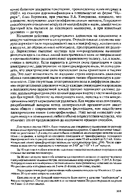 Механизм действия отрицательных аэроионов на взвешенные в воздухе частицы состоит в следующем. Отрицательные аэроионы воздуха заряжают (или перезаряжают) пыль и микрофлору, находящиеся в воздухе, до определенного потенциала, пропорционально их радиусу. Заряженные пылевые частицы или микроорганизмы начинают двигаться вдоль силовых линий электрического поля по направлению к противоположно (положительно) заряженному полюсу, т.е. к земле, стенам и потолку. Если выразить в длинах силы гравитации и силы электрические, действующие на тонкодисперсную пыль, то легко увидеть, что электрические силы превосходят силы гравитации в тысячи раз. Это дает возможность по желанию строго направлять движение облака тонкодисперсной пыли и очищать таким образом воздух в данном месте. При отсутствии электрического поля и диффузном движении отрицательных аэроионов между каждым движущимся аэроионом и положительно заряженной землей (полом) возникают силовые линии, вдоль которых движется данный аэроион вместе с частичкой пыли или бактерией. Осевшие на поверхности пола, потолка и стен микроорганизмы могут периодически удаляться. Как видим из изложенного, разработанный автором метод электрической преципитации имеет мало общего с современным методом фильтрации, или воздействия электрическим полем (электрофильтры). Наш метод позволяет очищать воздух в помещениях любого объема в присутствии человека, что отличает его от предложенных до настоящего времени способов.