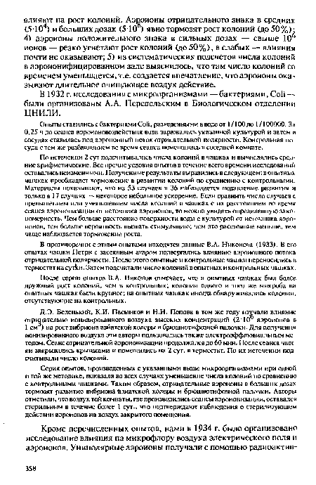 По истечении 2 сут подсчитывались числа колоний в чашках и вычислялись средние арифметические. Все прочие условия опытов в течение всего времени исследований оставались неизменными. Полученные результаты выразились в следующем: в опытных чашках преобладает торможение в развитии колоний по сравнению с контрольными. Материалы показывают, что из 53 случаев в 36 наблюдается подавление развития и только в 17 случаях — некоторое небольшое ускорение. Если сравнить число случаев с превышением или уменьшением числа колоний в чашках с их расстоянием во время сеанса аэроионизации от источника аэроионов, то можно увидеть определенную закономерность. Чем больше расстояние поверхности воды с культурой от источника аэроионов, тем больше вероятность вызвать стимуляцию; чем это расстояние меньше, тем чаще наблюдается торможение роста.