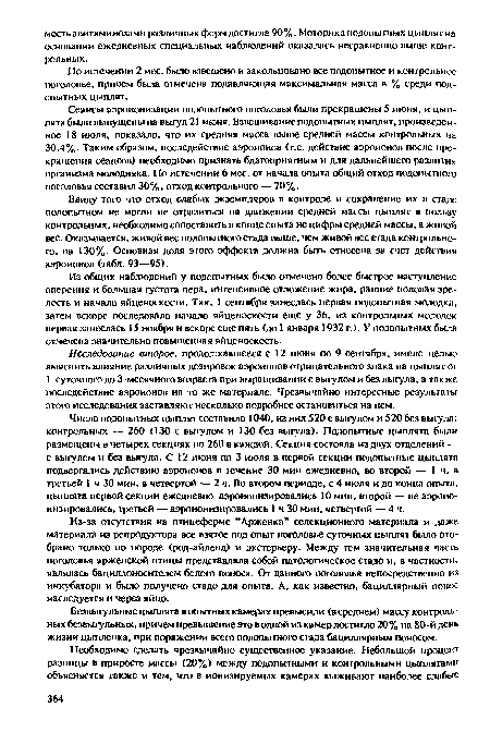 Число подопытных цыплят составило 1040, из них 520 с выгулом и 520 без выгула; контрольных — 260 (130 с выгулом и 130 без выгула). Подопытные цыплята были размещены в четырех секциях по 260 в каждой. Секция состояла из двух отделений — с выгулом и без выгула. С 12 июня по 3 июля в первой секции подопытные цыплята подвергались действию аэроионов в течение 30 мин ежедневно, во второй — 1 ч, в третьей 1 ч 30 мин, в четвертой — 2 ч. Во втором периоде, с 4 июля и до конца опыта, цыплята первой секции ежедневно аэроионизировались 10 мин, второй — не аэроио-низировались, третьей — аэроионизировались 1 ч 30 мин, четвертой — 4 ч.