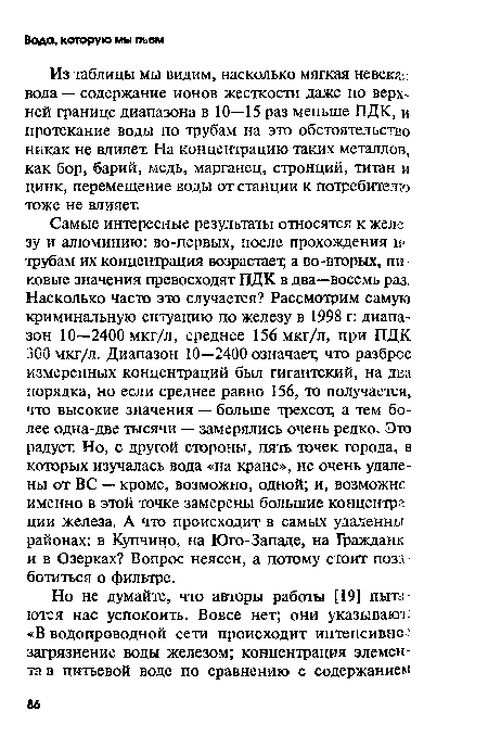 Из таблицы мы видим, насколько мягкая невска;: вода — содержание ионов жесткости даже по верхней границе диапазона в 10—15 раз меньше ПДК, и протекание воды по трубам на это обстоятельство никак не влияет. На концентрацию таких металлов, как бор, барий, медь, марганец, стронций, титан и цинк, перемещение воды от станции к потребителю тоже не влияет.