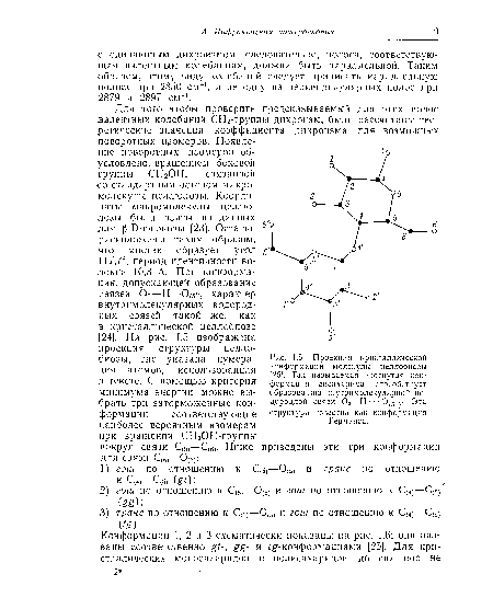 Проекция кристаллической конформации молекулы целлобпозы [25]. Так называемая изогнутая конформация дисахарида способствует образованию внутримолекулярной водородной связи Ог—Эта структура известна как конформация Г ерманса.