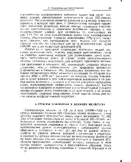 Многие виды природной целлюлозы отличаются низкой степенью кристалличности, поэтому дифракция рентгеновских лучей не является идеальным методом для установления преобладающего расположения цепей. В случае слабо кристаллического образца целлюлозы водорослей, для которого характерна необычная ориентация в плоскости 101, «наклонный» дихроизм обратен дихроизму, обычно наблюдаемому для природной целлюлозы с ориентацией в плоскости 101. Значительное увеличение при повороте интенсивности полос валентных колебаний О—Н-групп при частоте 3350 и 3275 см-1 указывает на высокую степень ориентации в одной плоскости для регенерированной целлюлозы и на расположение плоскости, в которой в основном находятся водородные связи, перпендикулярно поверхности пленки. Поскольку многие целлюлозные мембраны и полученные в производственных условиях пленки обладают лишь одноплоскостной ориентацией, а не осевой, «наклонный» дихроизм представляет собой ценный метод для исследования морфологической структуры.