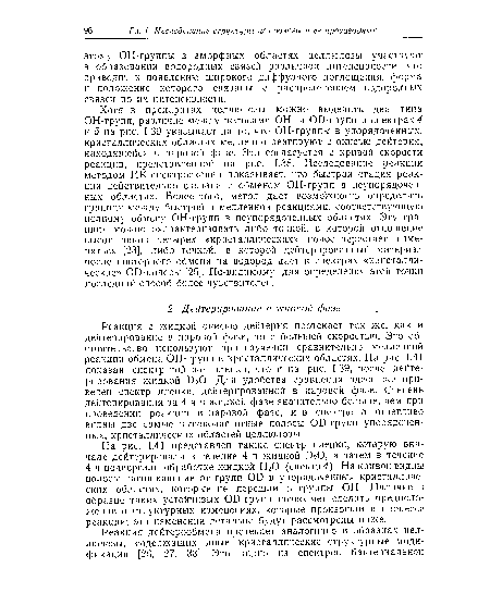 На рис. 1.41 представлен также спектр пленки, которую вначале дейтерировали в течение 4 ч жидкой 020, а затем в течение 4 ч подвергали обработке жидкой Н20 (спектр 4). На кривой видны полосы, возникающие от групп 00 в упорядоченных кристаллических областях, которые не перешли в группы ОН. Наличие в образце таких устойчивых ОО-групп позволяет сделать предположение о структурных изменениях, которые произошли в процессе реакции; эти изменения детально будут рассмотрены ниже.