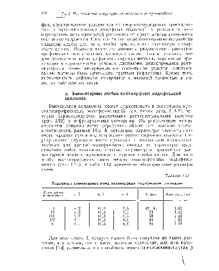 Высушенная целлюлоза может существовать в нескольких кристаллографических модификациях [3] (см. также разд. I, А.2), которые характеризуются различными рентгенограммами волокна (рис. 1.52) и инфракрасными спектрами. По расстояниям между слоевыми линиями легко определить общий для волокон период идентичности, равный 10,3 А, остальные параметры элементарных ячеек находят путем индицирования рентгенограммы волокна. Перекрывание рефлексов часто приводит к нескольким возможным ячейкам для данной модификации; иногда их параметры представляют собой величины, кратные параметрам простейшей элементарной ячейки, полученной в нервом приближении. Для того чтобы иллюстрировать связь между полиморфными модификациями (рис. 1.53), в табл. 1.12 приведены общепринятые размеры ячеек.