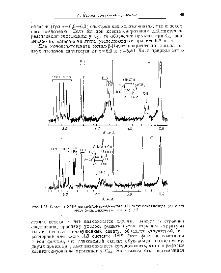 Спектры ЯМР метил-2,3,4-три-0-ацетил-р-0-гклюкопиранозида (а) и его моно-8-метилксантогената (б) [10].