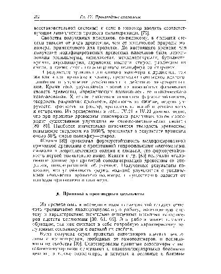 Свойства полученных пластиков, по-видимому, в большей степени зависят от вида древесины, чем от химической природы мономера, применяемого для пропитки. До настоящего времени для получения модифицированных древесных пластиков были использованы винилхлорид, винилацетат, метилметакрилат, бутилмета-крилат, акрилонитрил, акриловая кислота, стирол, различные их смеси, а также смесь ненасыщенного полиэфира со стиролом.