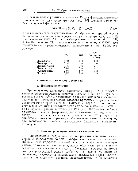 При облучении хлопковой целлюлозы дозой 5-1019 эВ/г и выше морфология волокна заметно меняется [168—170]. При действии дозы 2,6- 1020 эВ/г типичный фрагмент исходной целлюлозы, электронная микрофотография которого приведена на рис. IV.20, а, резко меняется (рис. IV.20, б). Подобным образом длинные волокна, вид которых в световом микроскопе показан на рис. IV.21, а, при облучении укорачиваются (рис. IV.21, б). Облучение ослабляет прочность связи в фибриллах, расположенных в виде спирали вокруг центральной оси и вдоль длины волокна. При набухании облученных волокон в растворе образование четок, характерное для необлученных волокон, уменьшается благодаря ослаблению структуры.