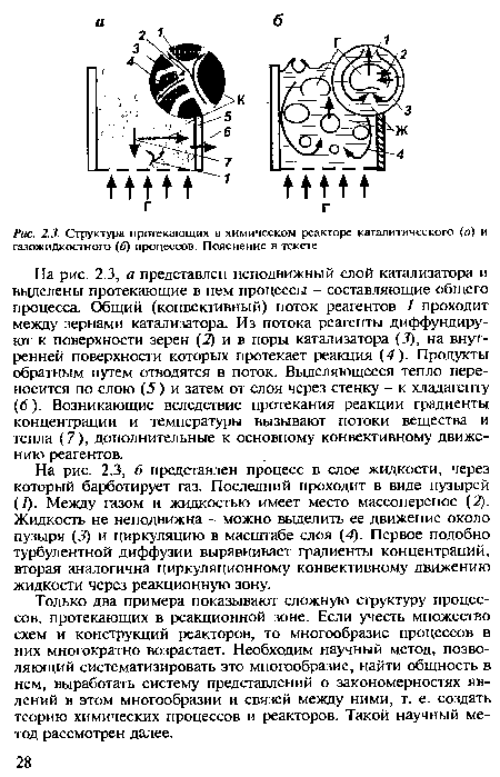 Структура протекающих в химическом реакторе каталитического (а) и газожидкостного (6) процессов. Пояснение в тексте