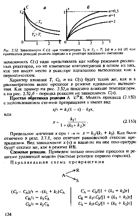 Характер влияния Т, Со, и на С(т) будет такой же, как и в рассмотренном выше процессе в режиме идеального вытеснения. Как пример на рис. 2.52,а показано влияние температуры, а на рис. 2.52,6 - порядка реакции на зависимость С(т).