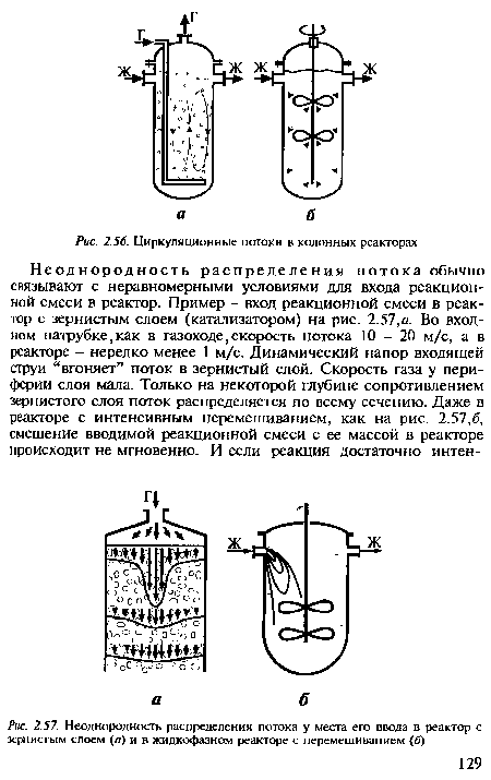 Неоднородность распределения потока у места его ввода в реактор с зернистым слоем (а) и в жидкофазном реакторе с перемешиванием (б)