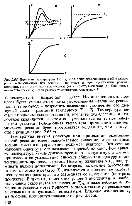 Тх температура возрастает далее. Но интенсивность процесса будет уменьшаться из-за расходования исходных реагентов, а теплоотвод - возрастать вследствие увеличения его движущей силы - разности температур Т - Тх. Температура достигнет максимального значения, когда тепловыделение и теплоотвод сравняются, и затем она уменьшится до Тх при завершении реакции. Реакционная смесь при протекании эндотермической реакции будет прогреваться медленнее, чем в отсутствие реакции (рис. 2.65,в).