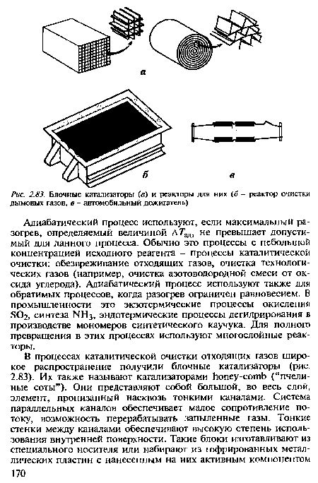 Блочные катализаторы (а) и реакторы для них (б - реактор очистки дымовых газов, в - автомобильный дожигатель)